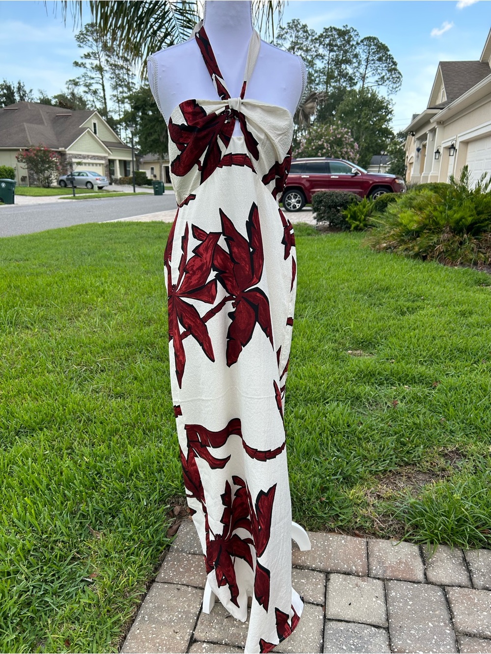 NWT🌷EXPRESS Ivory Maxi Dress with Burgundy Floral Print
